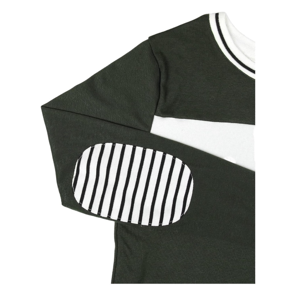 XL Elbow Patch Long Sleeve Round Crew Neck Top in Army Green Olive